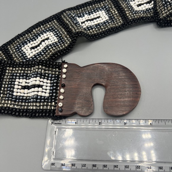 Vintage Heavy Beaded Wood Buckle Southwestern Native Aztec Western Boho Belt M - Picture 5 of 6
